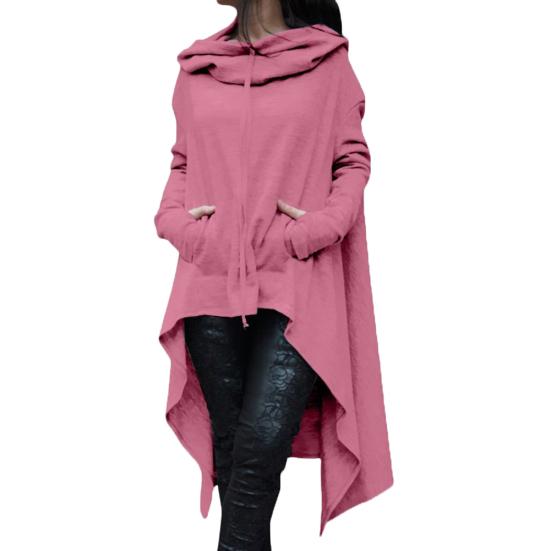Women Solid Color Asymmetric Hem Drawstring Hooded Sweatshirt Loose Poncho Coat