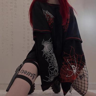 Gothic Y2k Fashion Design Harajuku Spider T-Shirt Women Goth Dark Streetwear Design Tees Black Female Long Sleeve Girl Y2K Top
