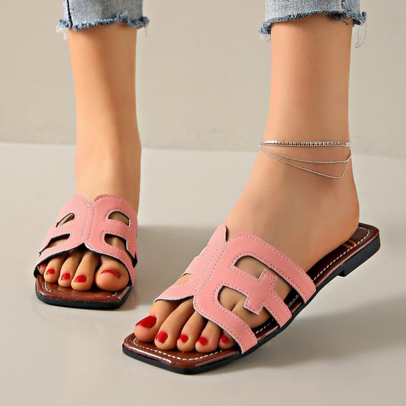 Women's Hollow Out Flat Slides, Retro Square Open Toe Summer Shoes, Casual Outdoor Beach Slides