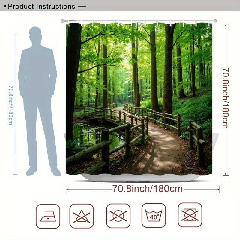 Forest Path Shower Curtain Green Trees and Wooden Bridge Print Polyester Bath Curtain with 12 Hooks for Nature Decor
