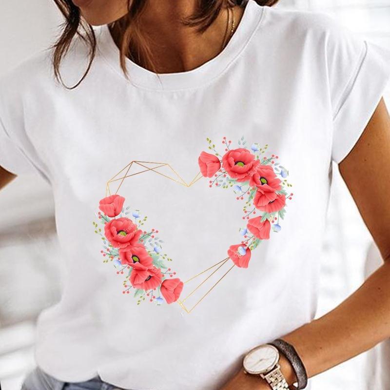 Womens White Short Sleeved Tshirt Love Printed Casual Simple Fashion Tshirt with Arrow Feather Design Fashion Trend Top