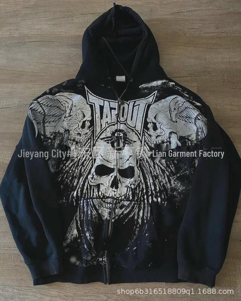 "Unisex Skelett Zip-Up Strickjacke Hoodie – Amerikanischer Retro-Druck"