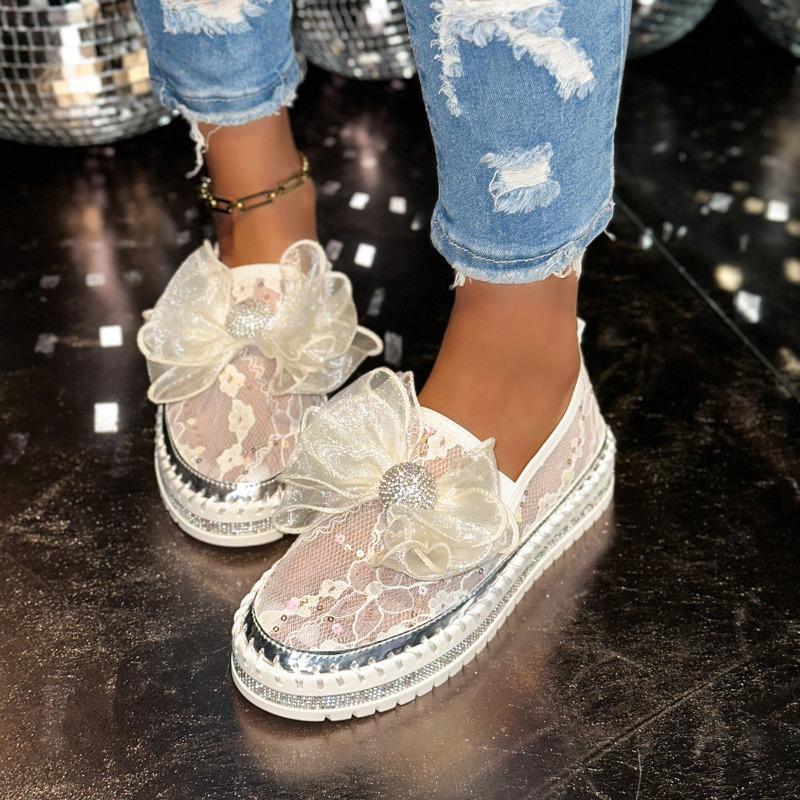 2025 New Lazy Platform Diamonds Butterfly Knot Women Flats Bling Woman Rhinestone Ladies Casual Mesh Chunk Sole Slip-on Shoes