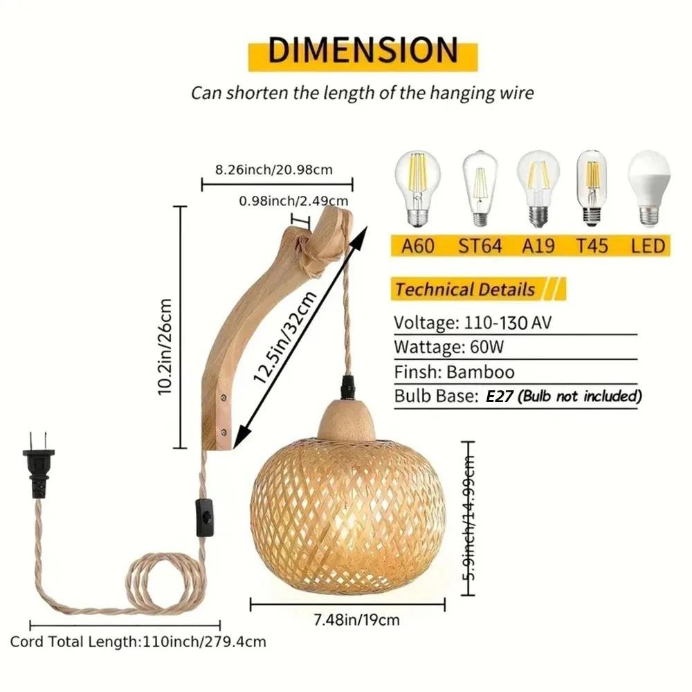 Bamboo Wall Light Fixtures Pendant Ceiling Light Hand-Woven Lustre Wall Lamp Hand Knit Braiding Suspended Home Dining Room Decor