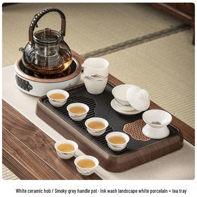 White Electric Ceramic Tea Stove Set with Glass Kettle