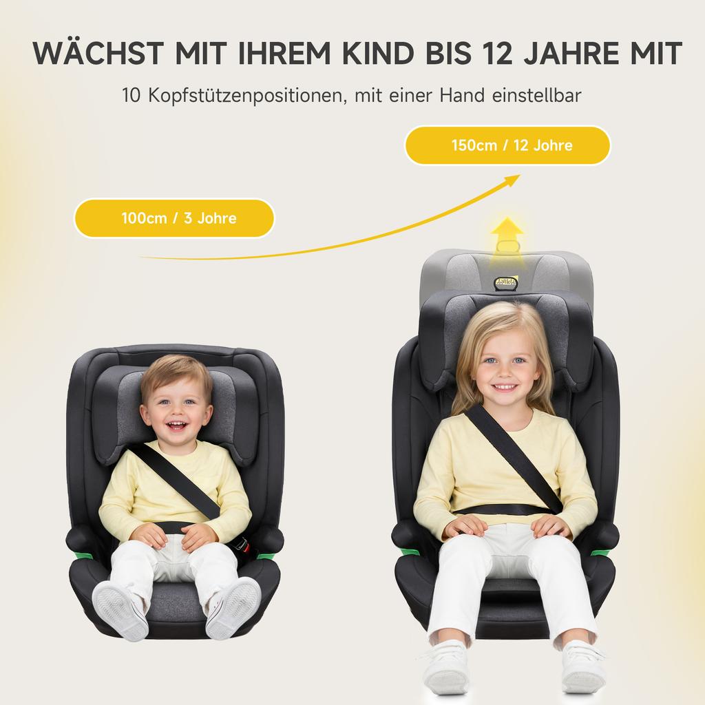 i-Size R129 Child Car Seat for 3.5 to 12 Years (100-150 cm), with Adjustable Backrest, Headrest, Side Impact Protection, Booster Seat (Black, ISOFIX)