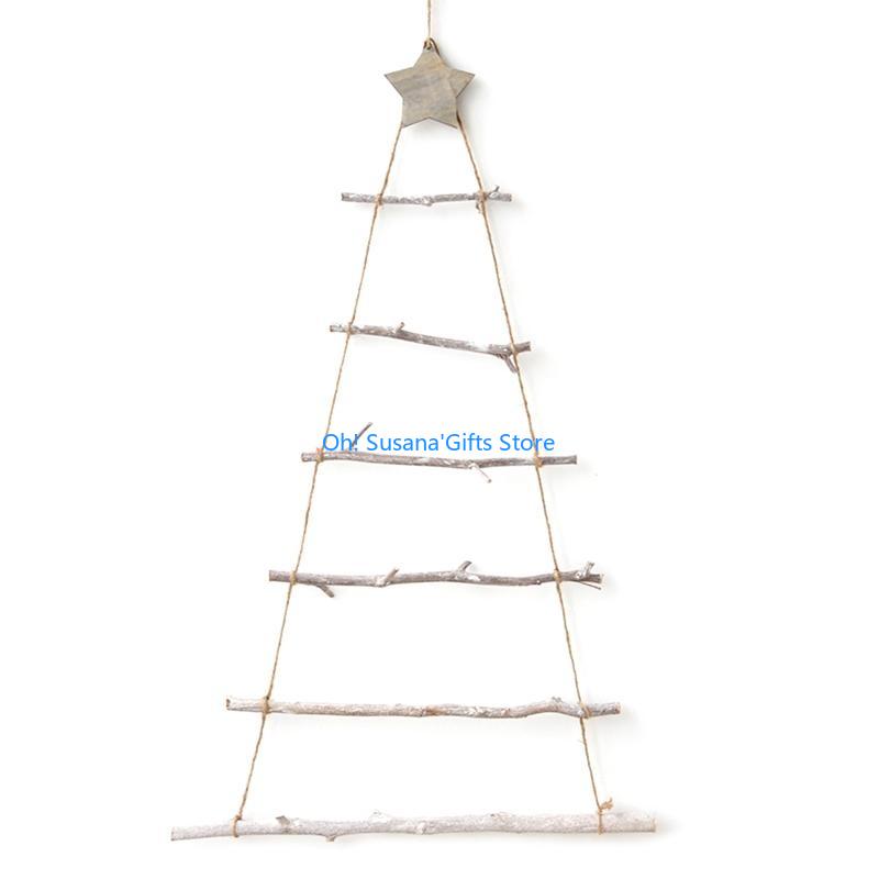 090D Wooden Christmas Tree Ornament Wall Mounted Xmas Tree with Branch Ladder Other