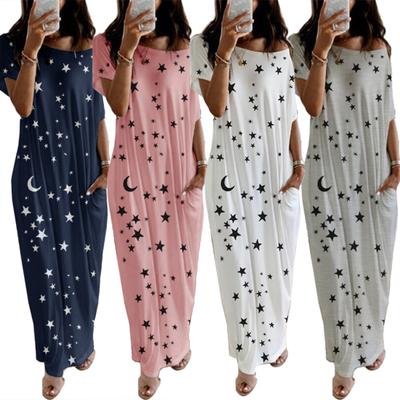 Women Casual Short Sleeve Stars Moon Print One Shoulder Pockets Loose Long Dress