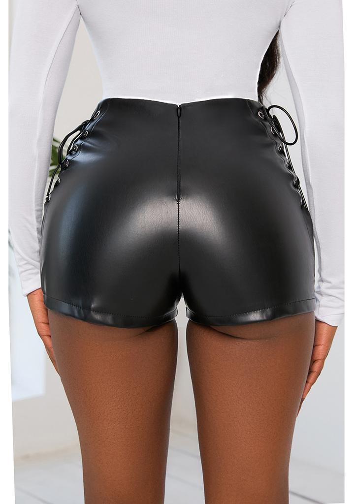 Women High Waist Black Faux Leather Tight Casual Bootcut Shorts