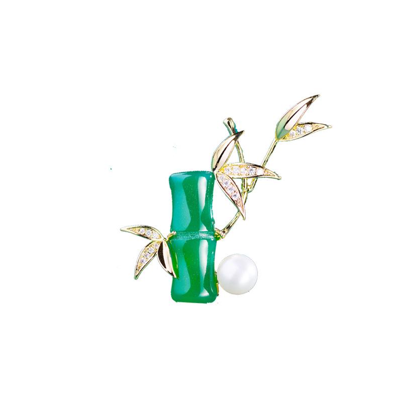 Chinese Style Bamboo Leaf Brooch with Freshwater Pearl, Agate, and Zirconia for Women