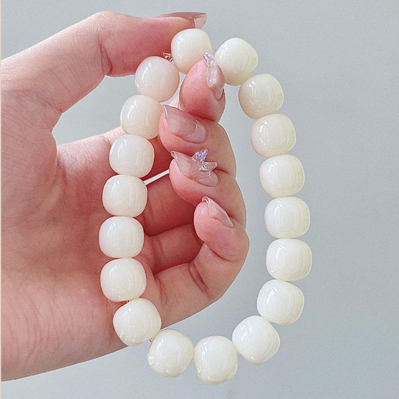 White Jade Bodhi Root Bracelet Natural Resin Beads Round Bracelet for Men Women Buddhist Prayer Jewelry Gifts