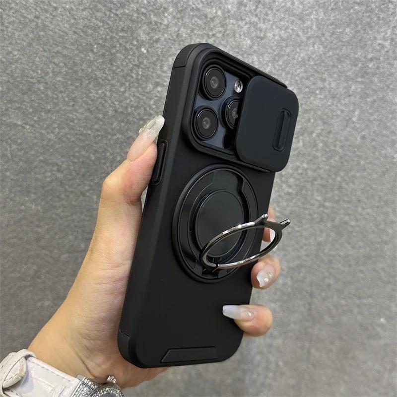 Luxury Heavy-Duty Rugged Armor Magnetic Bracket Case For iPhone 16 15 14 13 12 11 Pro Max Plus Slide Camera Protection PC Cover