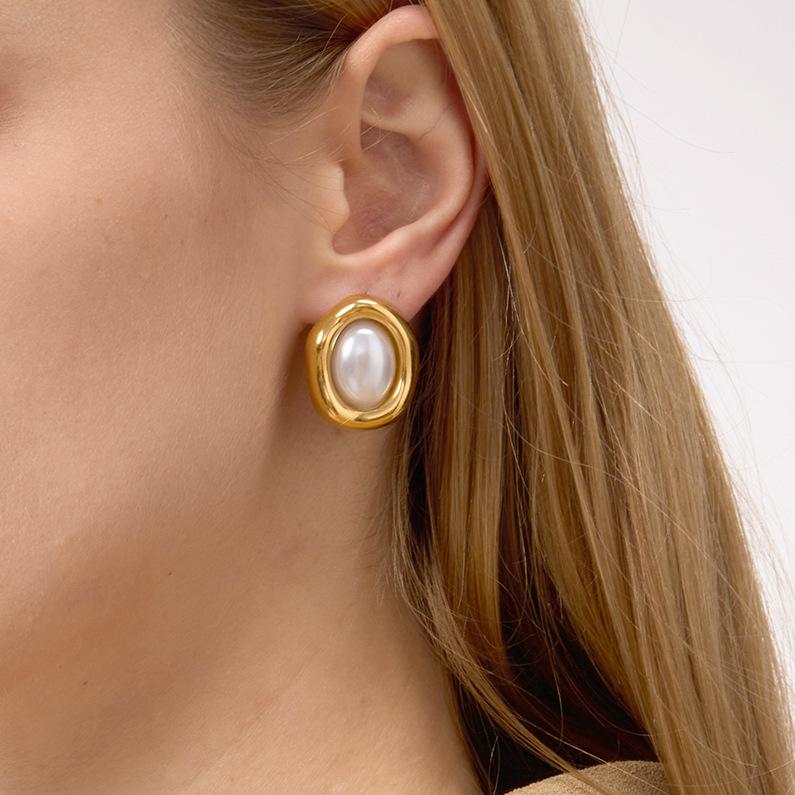 European and American resin pearl stud earrings titanium steel earrings 18k gold stainless steel