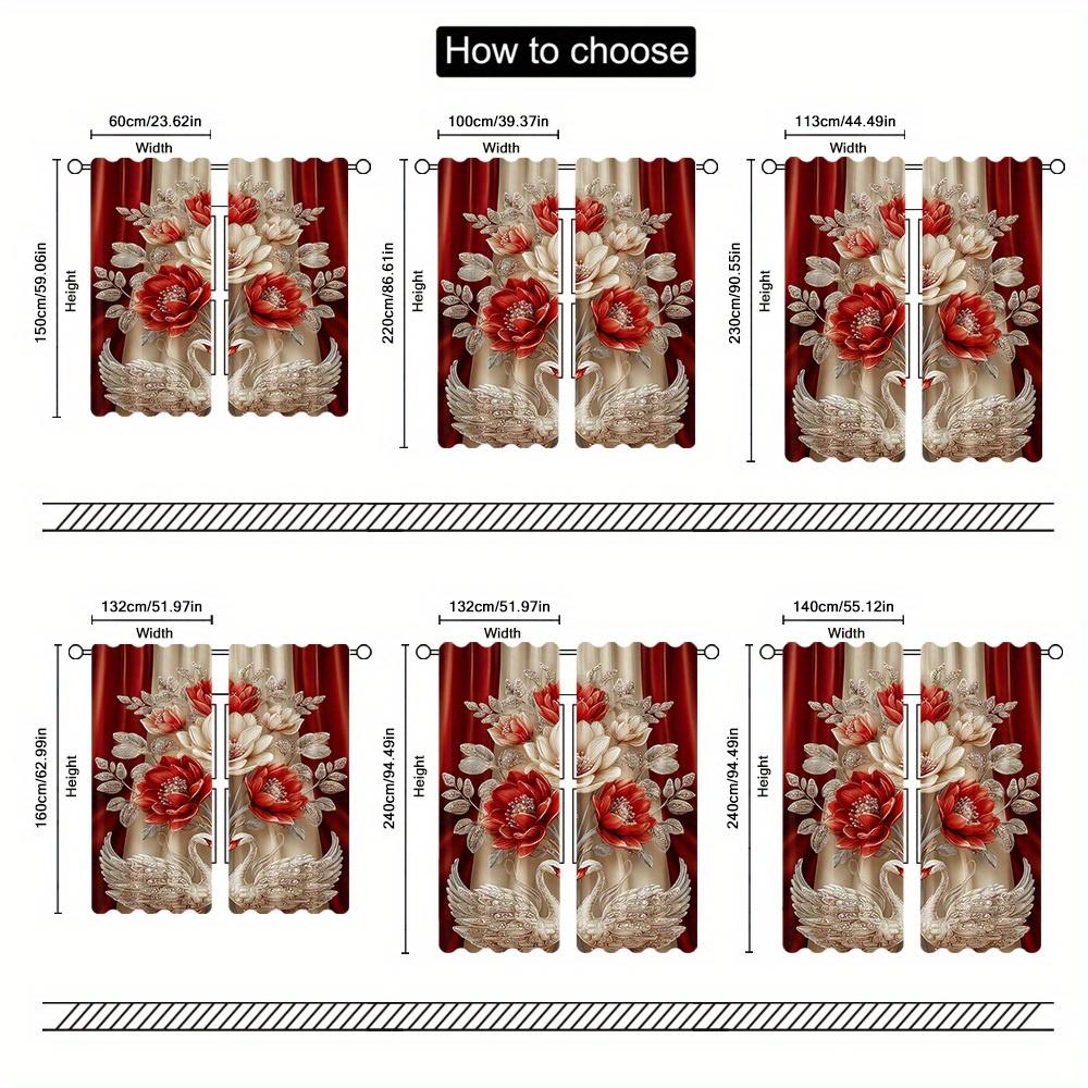 Set Of 2 Elegant Swan Floral Curtains Bedroom Office Living Room Decor Curtain For Great Made Polyester With Rod Pocket