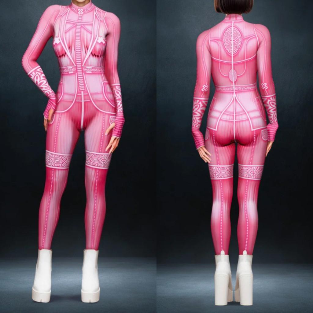 Women Dance Pink Tights Adults Halloween Party Cosplay Dress Up Cyber Punk 3D Digital Printing Jumpsuit