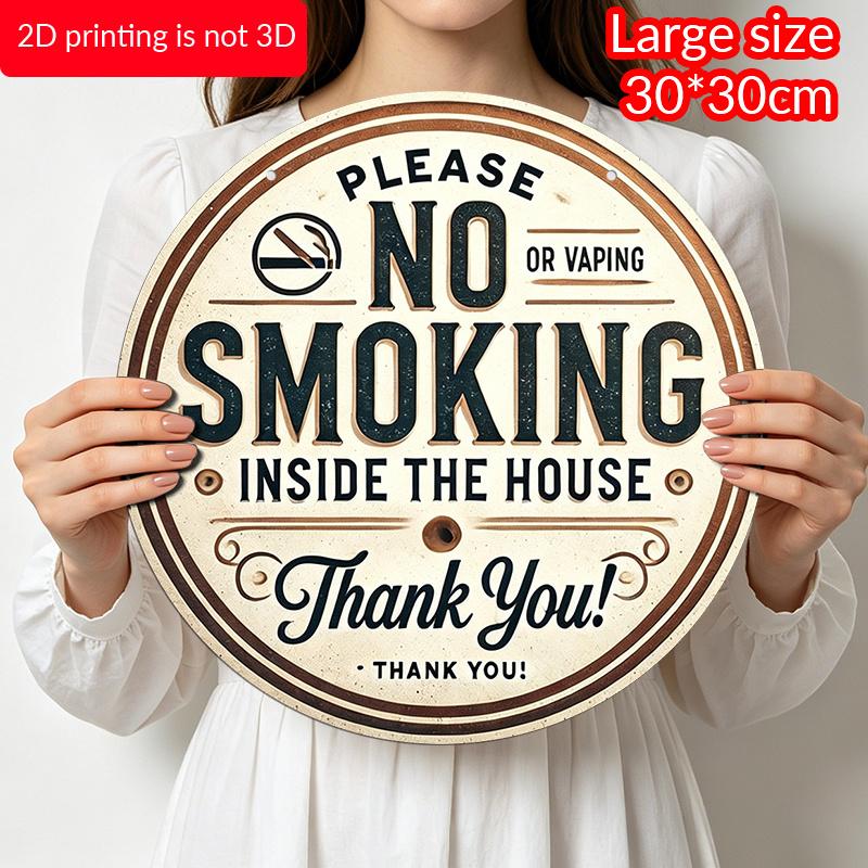 2D Flat, 1pc Round Aluminum Hanging Sign, "No Smoking Or Vaping Inside The House" Warning Text No Cigarette Icon Print, Suitable for Hotel Home Cafe