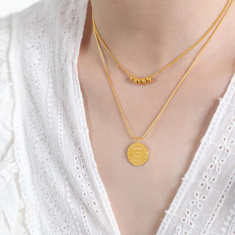 18K Gold Double Layer Round Pendant Necklace - Titanium Steel, Retro Style, Versatile Clavicle Chain for Women