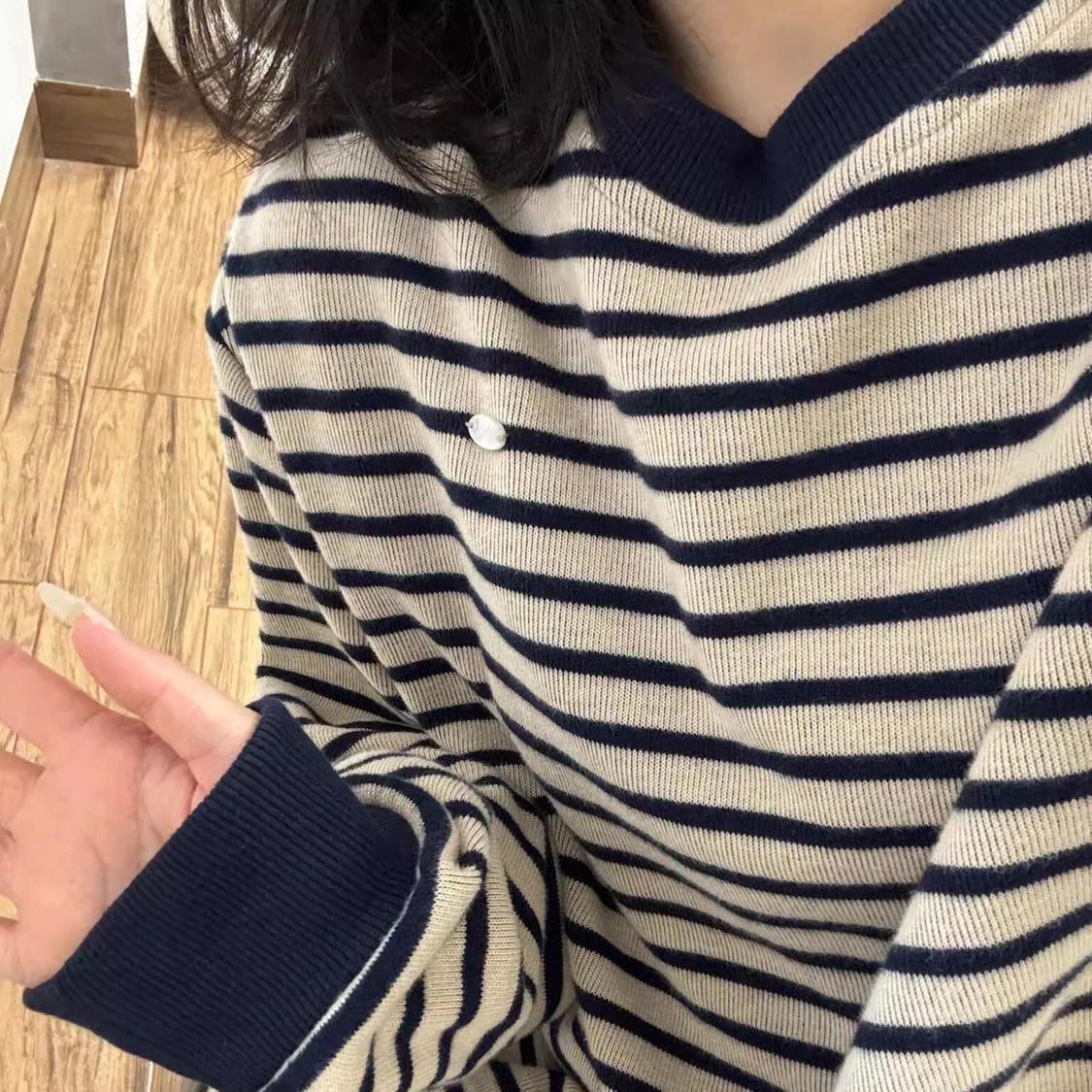 

Женский вязаный свитшот с круглым вырезом в стиле ретро, в полоску - Свободный топ с длинным рукавом для весны/осени 2024 Small темно-синий