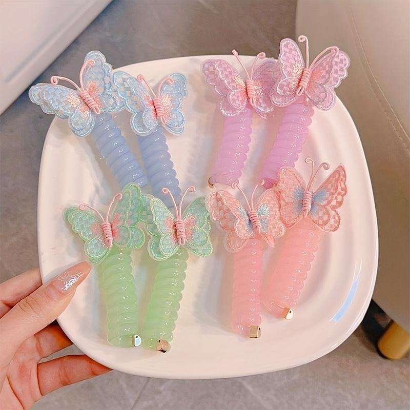 4-Pack Cute Butterfly Hair Ties for Girls, High Elastic Telephone Cord Ponytail Holders, Mixed Color Resin & Polyester Hair Accessories for Daily