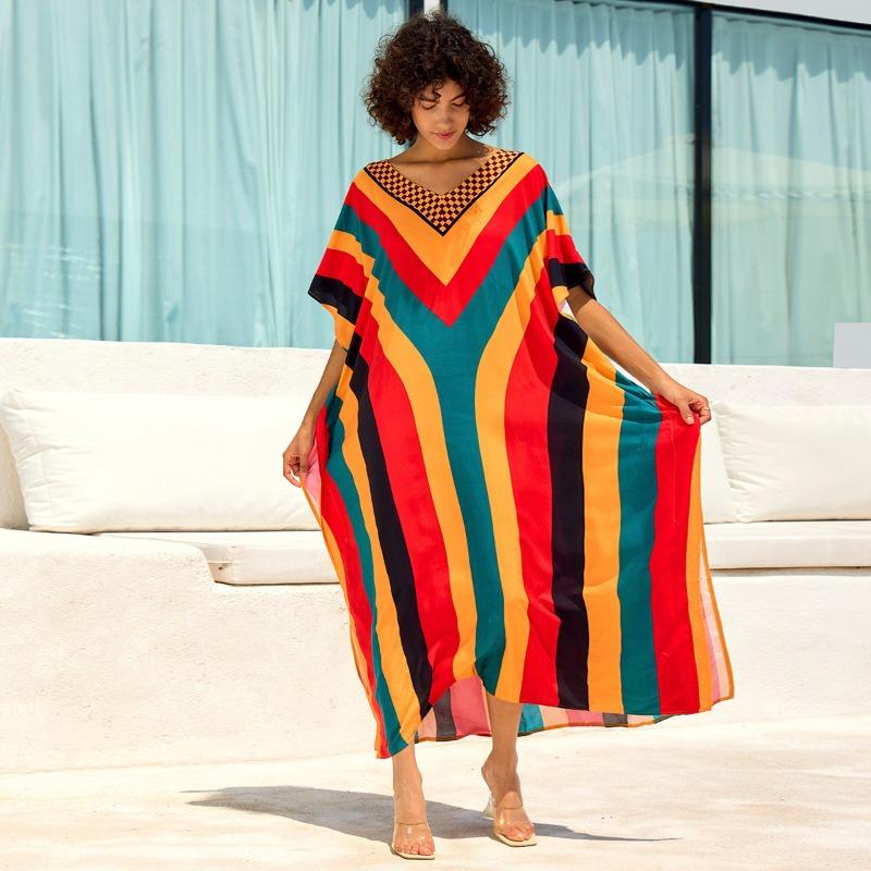 Vestidos Casuales de Moda para Mujer Verano Primavera Estampado Color Block Mangas 1/2 Cuello en V Cintura Holgada