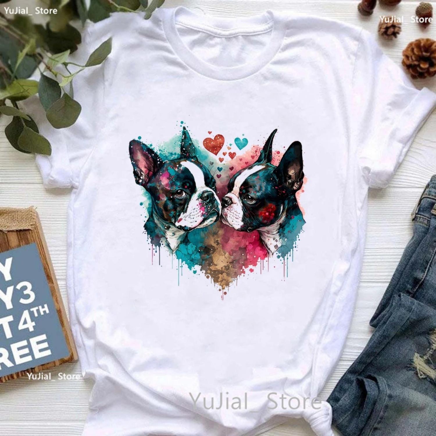 Boston Terrier Sugar Skull Animal Print T Shirt Girls Watercolor Dog Lover Tshirt Women Summer Fashion Tops Tee Shirt Femme S белый