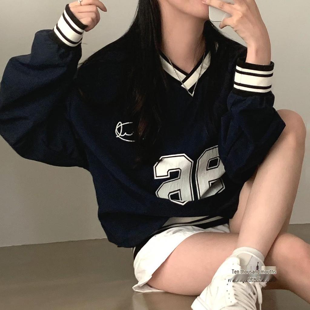 Navy V-Neck Color Block Baseball Girl Sweatshirt - Casual Loose Fit, Thin Long Sleeve