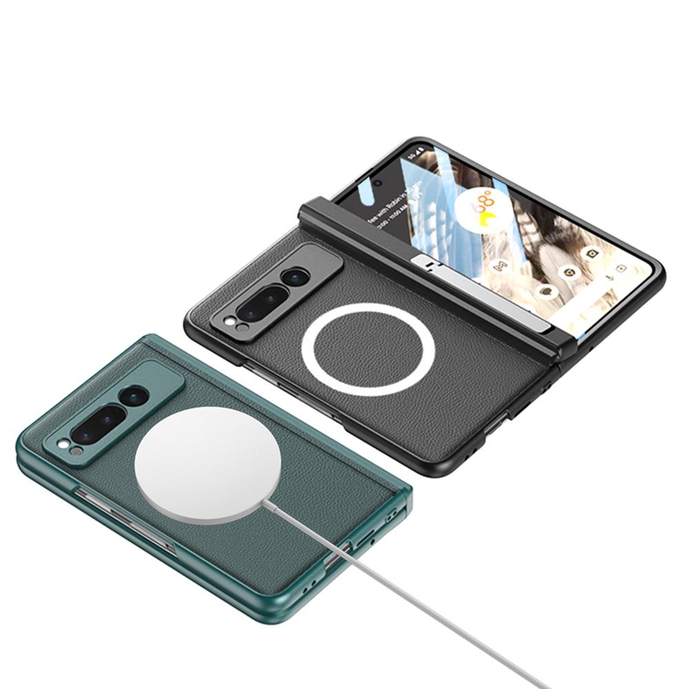 Dobradiça magnética para estojo de carregamento sem fio Magsafe para Google Pixel Fold capa de couro rígido para PC com suporte e capa de proteção de filme de vidro