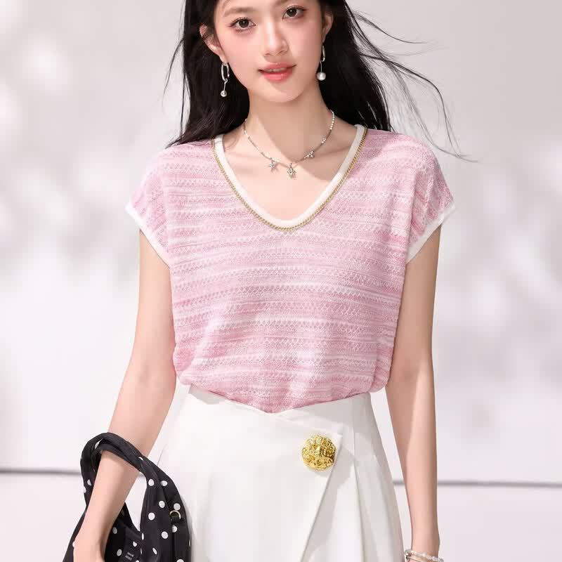 Zuo Se Fine Texture Contrast Trim V-Neck T-Shirt XL