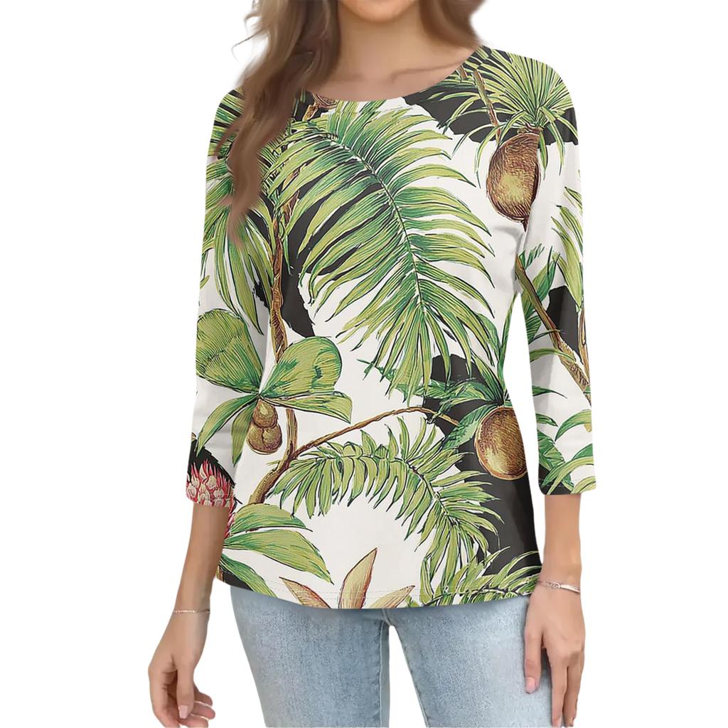Women's Fashionable Casual Round Neck Three-Quarter Sleeve Printed T-Shirt Top