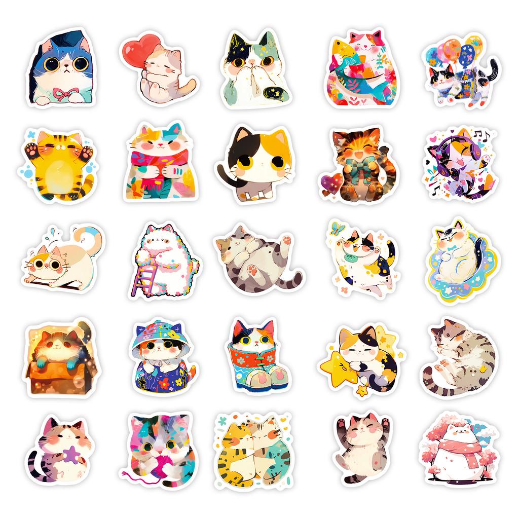 50 Stück Niedliche Aquarell Katzen Aufkleber, Japanische Kawaii Vinyl Aufkleber zum Journaling, für Laptops, Wasserflaschen, Weihnachtsgeschenk für Kinder
