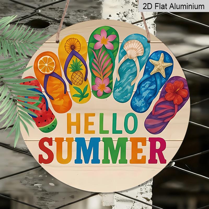 2D Flat, 1pc Aluminum Flip Flops Hello Summer Wall Sign - Retro Beach House Decor with Flip-Flop Design, Lightweight Suitable for Bedroom, Kitchen