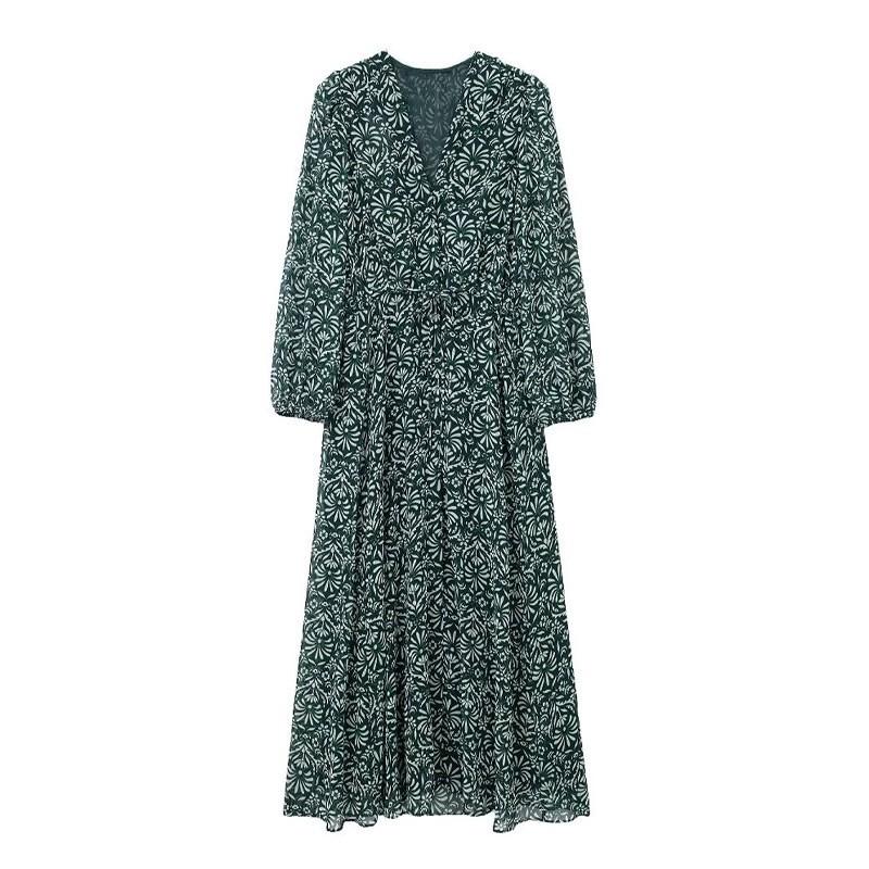 European American Women s Clothing Retro Printed V-neck High-waist Loose Dress XS