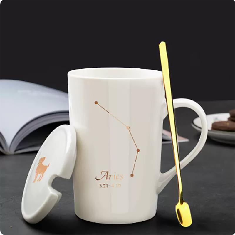 400ml 12 Constellation Mug with Lid Spoon Large Capacity Japanese Ceramic Water Cup Home Office Male and Female Couple