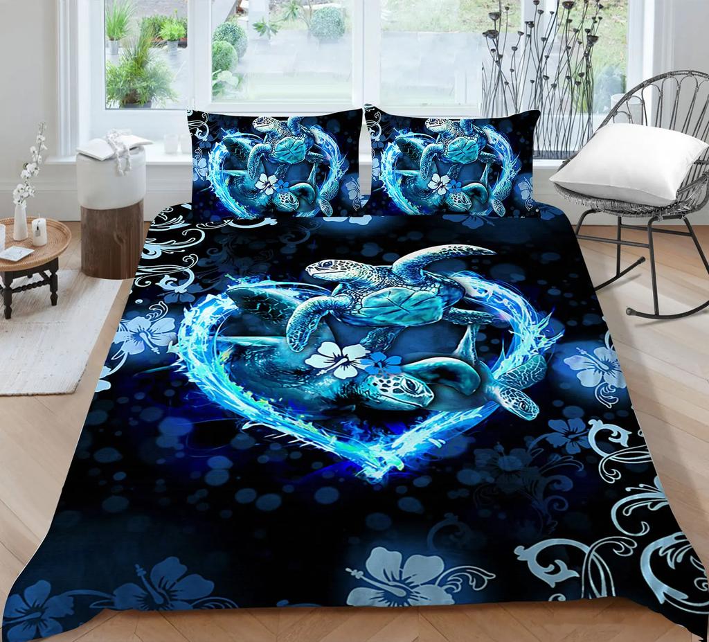 Exotic Sea Turtle Duvet Cover Set Bohemian Floral Ocean Animal Bedding Set Microfiber Tortoise Comforter Cover Single Queen Size