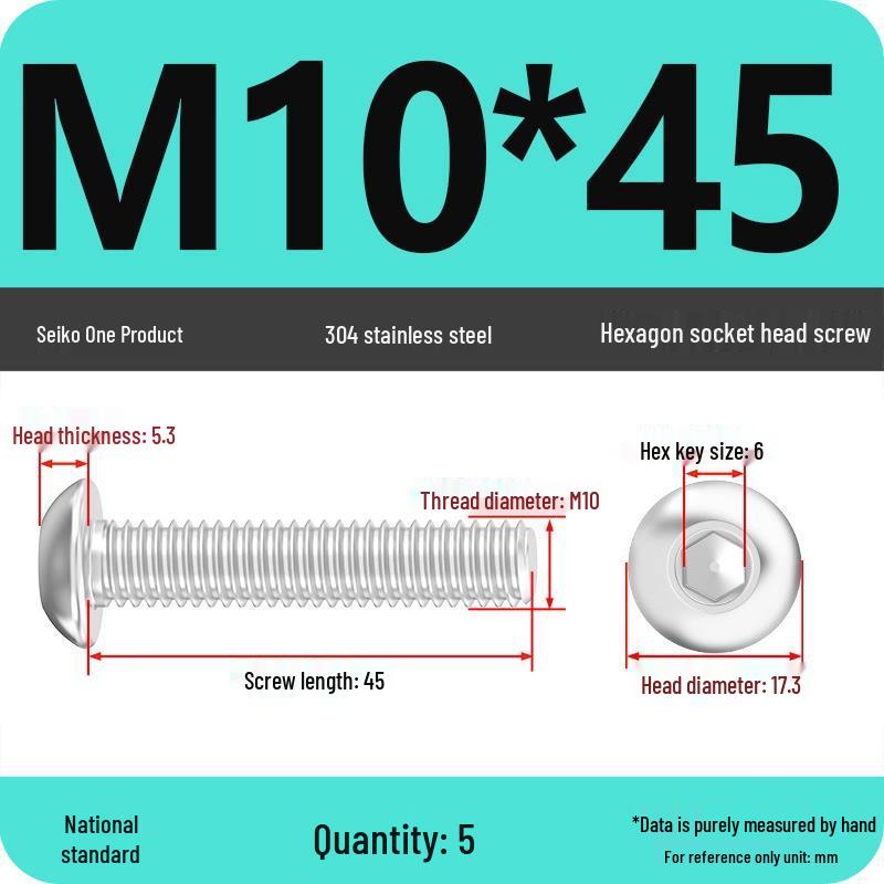 304 Stainless Steel Pan, Half, and Round Head Hexagon Screws (M2-M12)