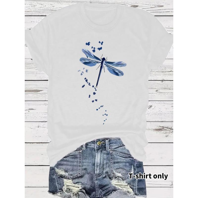 

Женская летняя удобная футболка с круглым вырезом и короткими рукавами с принтом стрекозы L белый