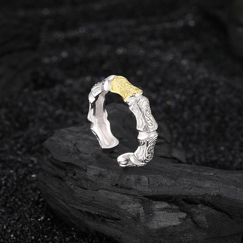 Adjustable Open Ring Women Men Vintage Bamboo Motif Filigree Carved Statement Plated Geometric Design
