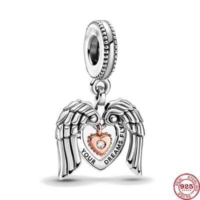 Nuevo Original Color Plata Club Alas de Ángel y Corazón Cuentas Diy Ajuste Moda Europea Dijes Pulsera Brazaletes Joyería Diy P414