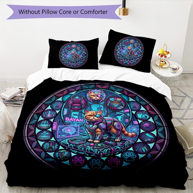 Cybernetic Cat Kingdom Pattern Bedding,Quilt Set Quilt Cover Pillowcase Home Birthday Gift (1 * Duvet Cover + 2 * Pillowcase, Without Core)