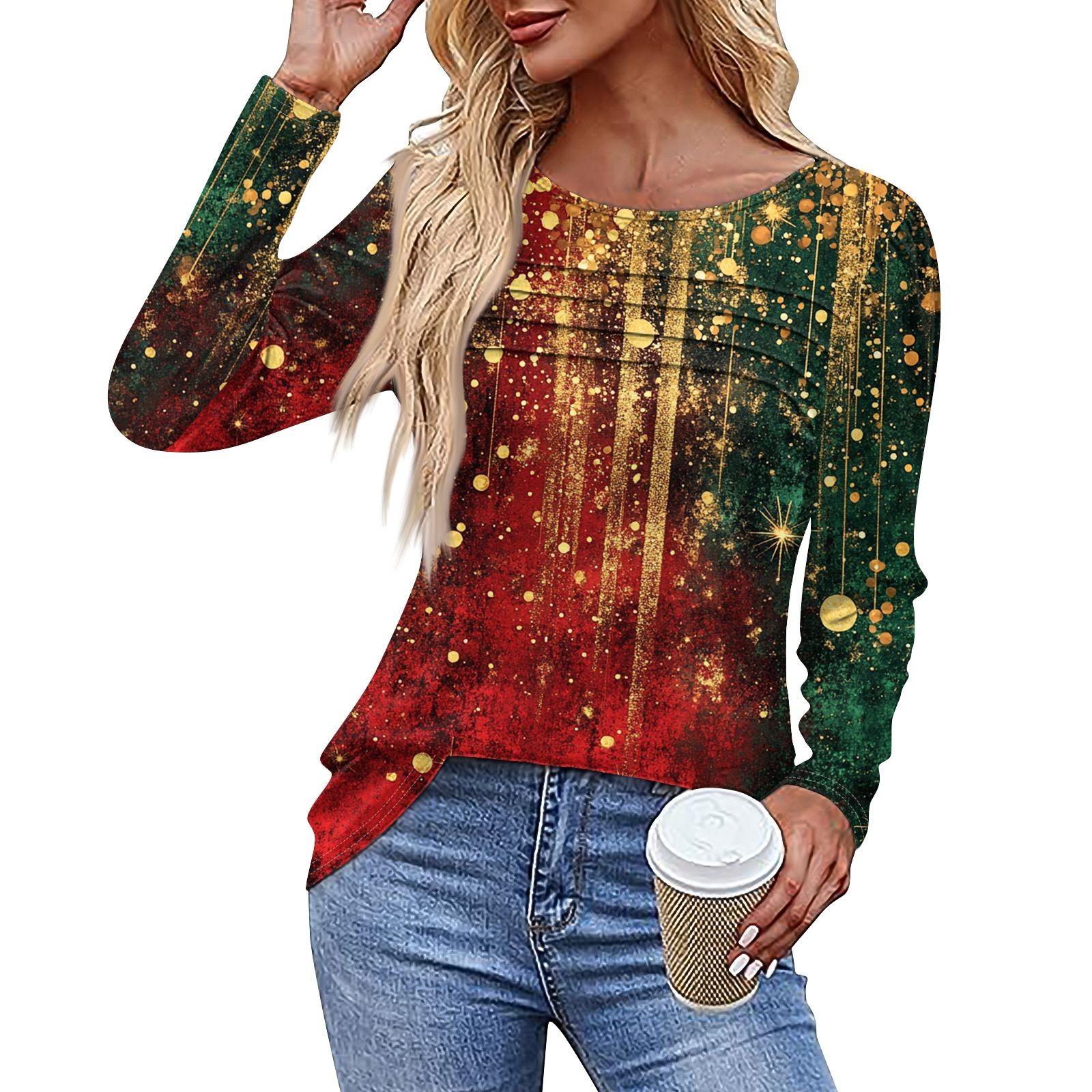 

Женская повседневная модная футболка с круглым вырезом и длинными складками на Рождество L красный