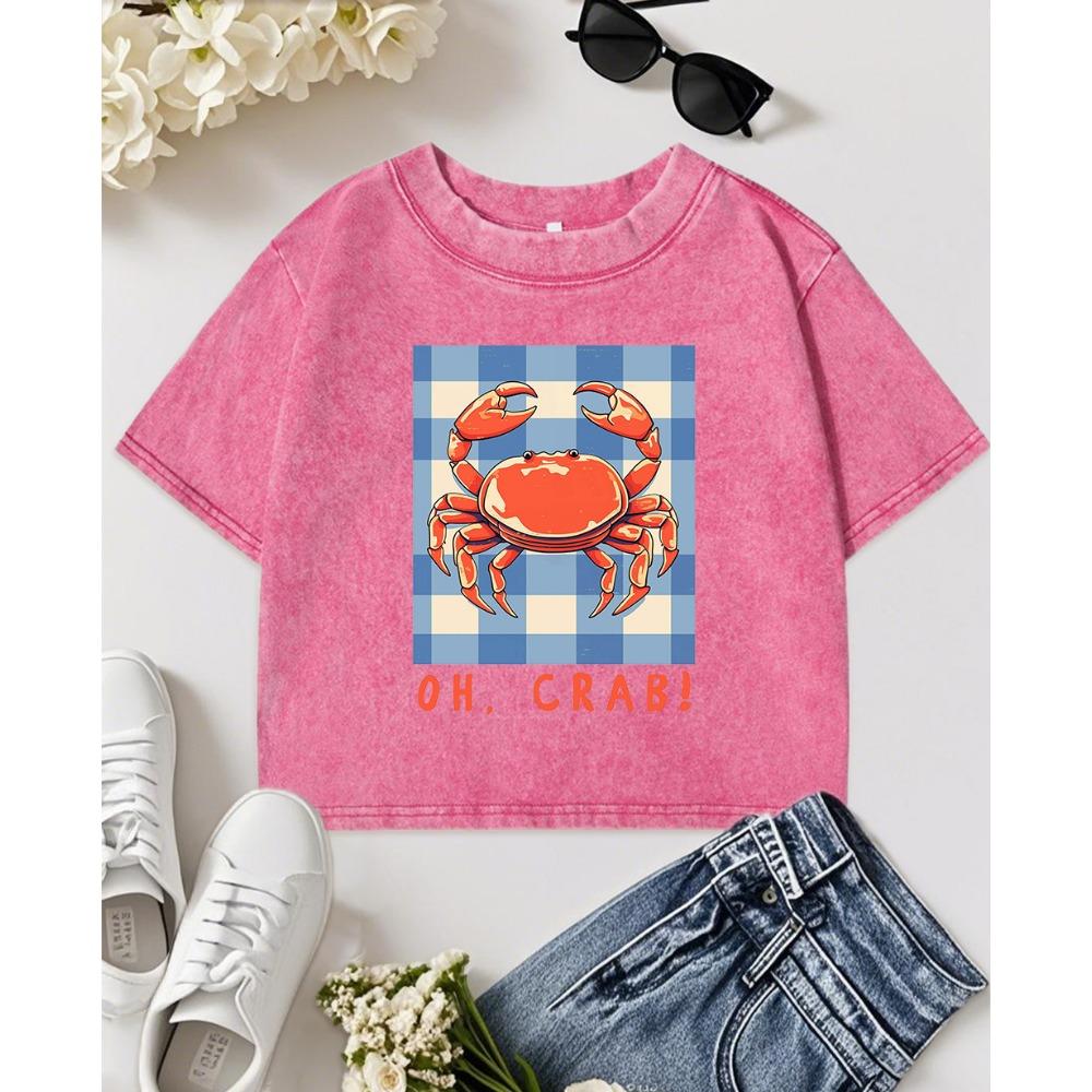 Oh Crab Cartoon Grid Printed Washed Crop T-Shirt Women Slim Summer Tops Fitness Hip Hop T Shirts Cotton