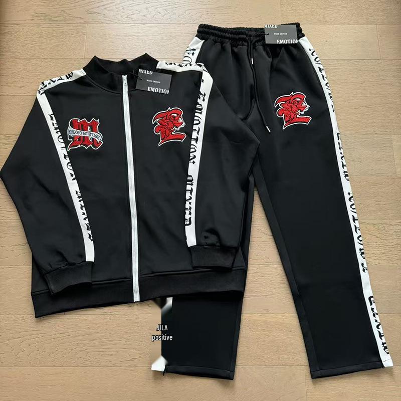 Unisex Rhinestone Zipper Hooded Cardigan & Sweatpants Set with Letter Print.