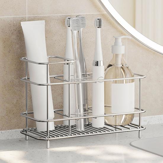 Stainless Steel Toothbrush Holder Bathroom Toothpaste Holder Stand with Quick Drainage Countertop Organizer for Bathroom Accessories