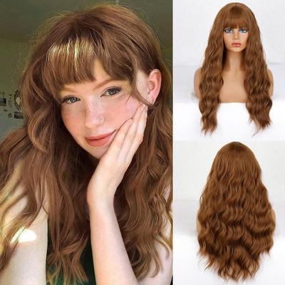 Long Brown Water Wave Wig with Bangs Synthetic Fiber Light Brown Daily Wear Cosplay Long Wavy Wig for Women