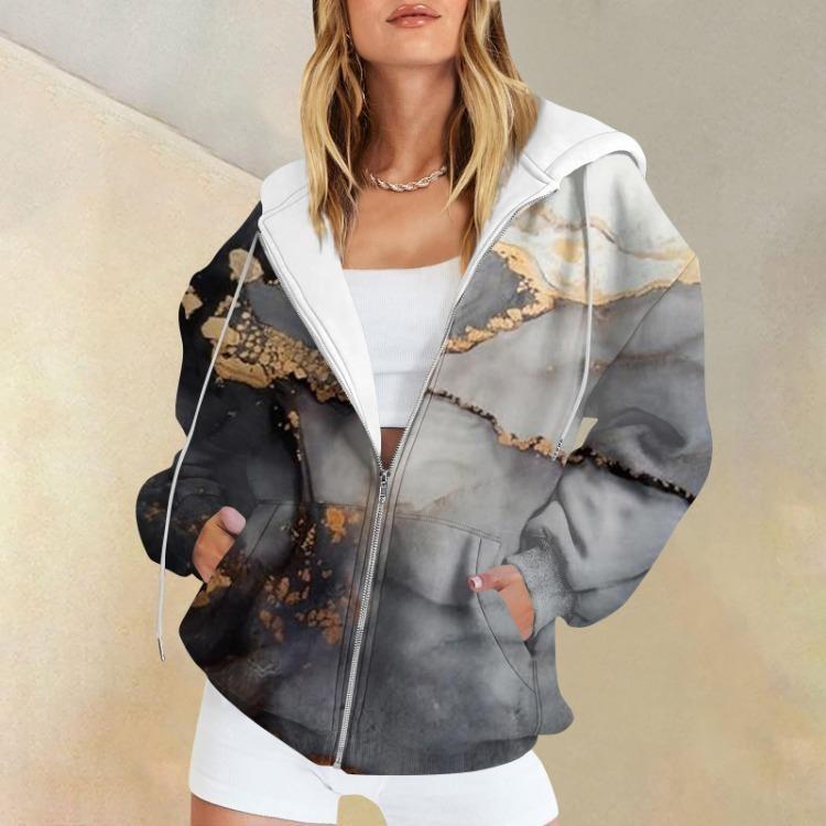 Damen Lässig Langarm Bedruckte Kapuzenpullover Sweatshirts Reißverschluss Pullover Textur Mantel Mode
