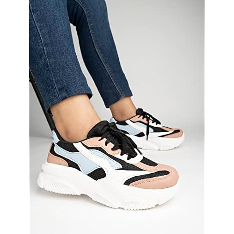 Shoetopia Women S Block Heel Sneakers Black, 5 Uk 5 UK чёрный