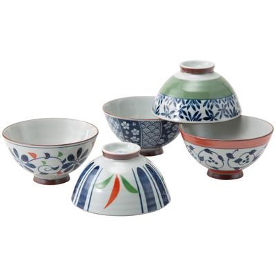 Hasami-Keramik 5-teiliges Reisschalen-Set, Somenishiki-Bemalung, mikrowellen- und spülmaschinenfest, blau, 31058
