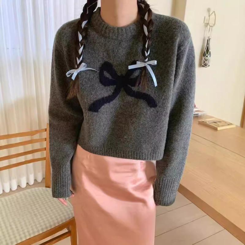 Autumn and winter cute girl feeling full of new loose versatile bow round neck knitted pullover sweater women