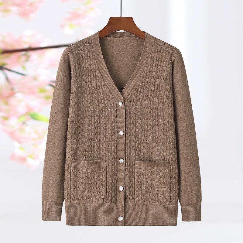 

Осенний кардиган с V-образным вырезом, вязаный, для женщин среднего возраста, свободный, большого размера, свитер-топ M кофейный
