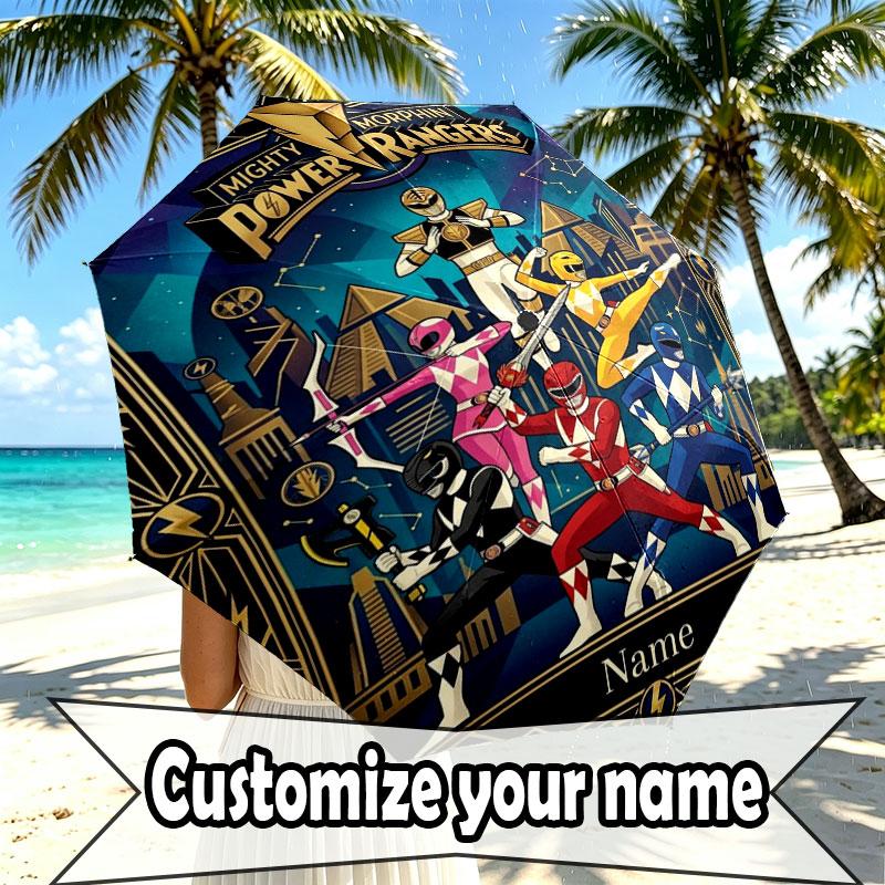 Custom Name Personalized Power Rangers Print Umbrella, Auto Open Close, 8‑Rib Sturdy Frame, Commute Camping Hiking Use, Birthday Gift